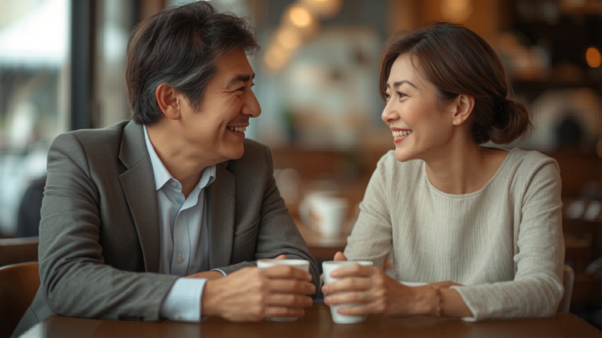 40代カップルがカフェで楽しく会話している様子