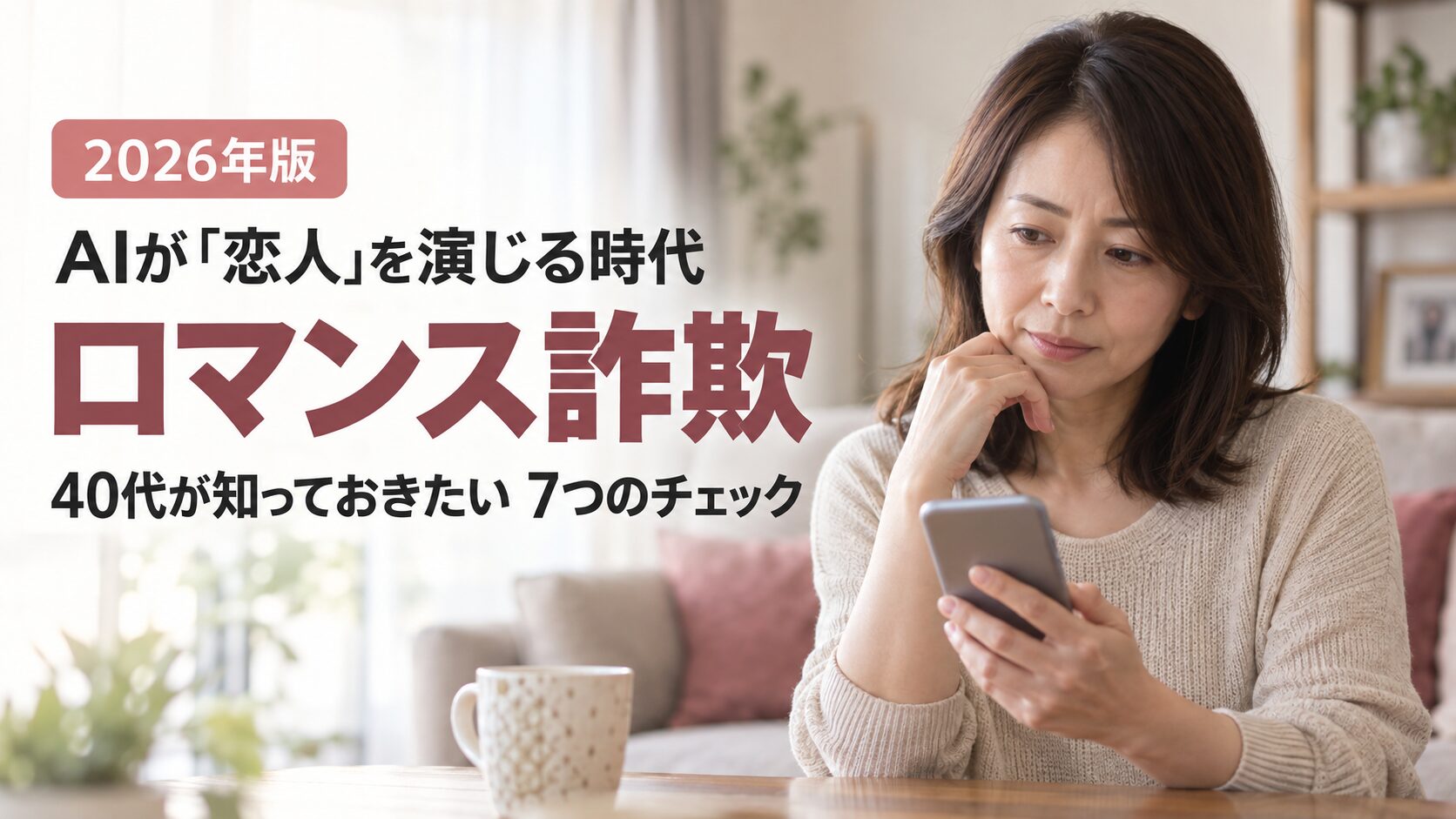 AI時代のロマンス詐欺と7つのチェック。スマートフォンを見つめる40代女性の写真調イメージ
