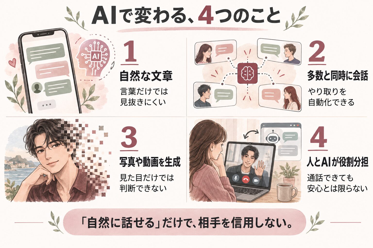 AIで変わる4点：自然な文章、多数との同時会話、写真や動画の生成、人とAIの役割分担
