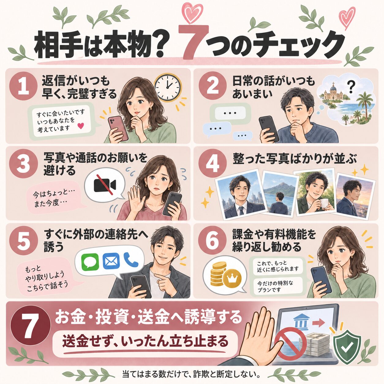 7つのチェックで違和感を確かめる。数だけで断定せず、送金を求められたら立ち止まる