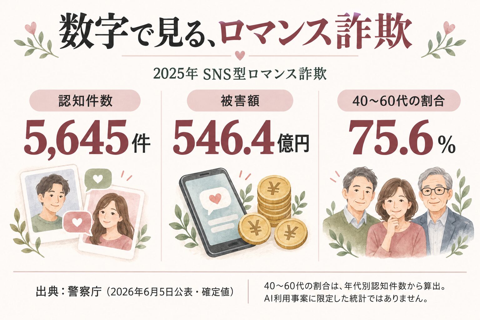 警察庁の令和7年確定値：5,645件・546.4億円。40〜60代の認知件数割合は75.6％