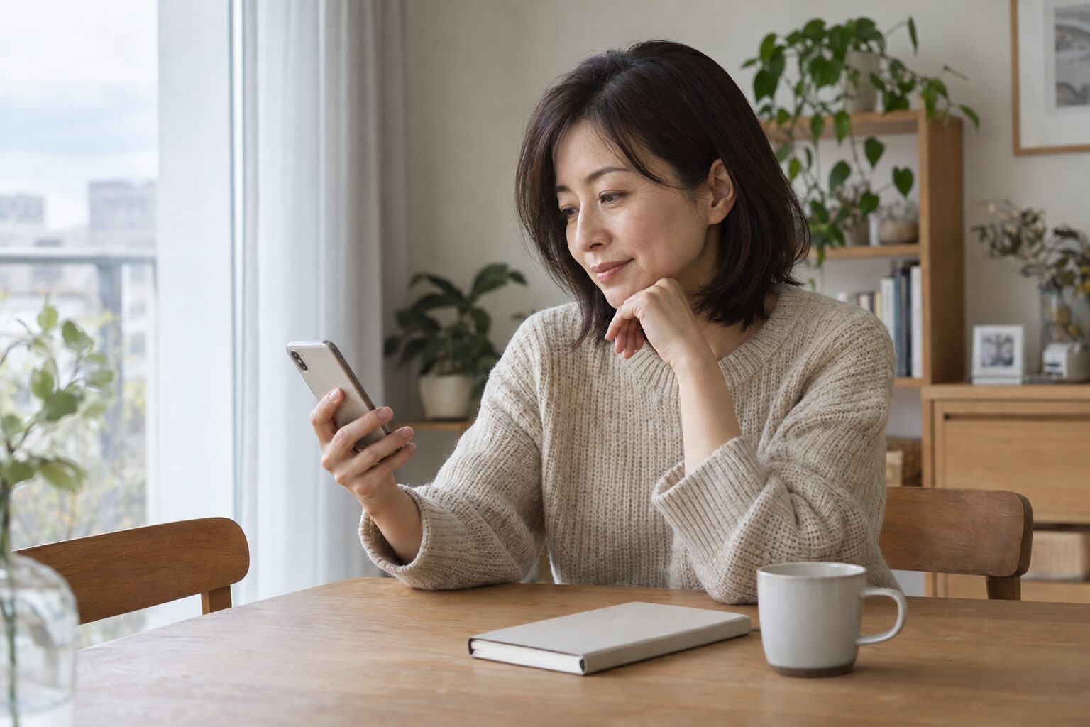 自宅のテーブルでスマートフォンを見る40代女性のイメージ
