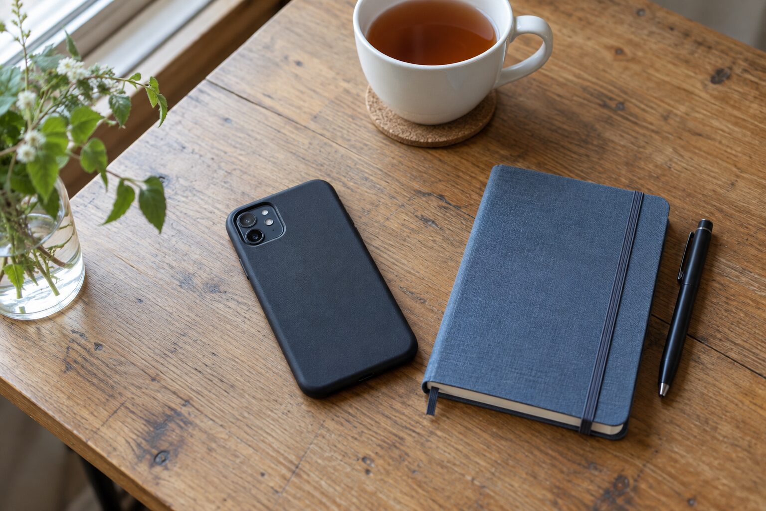 スマートフォン、閉じたノート、カップを置いたテーブル