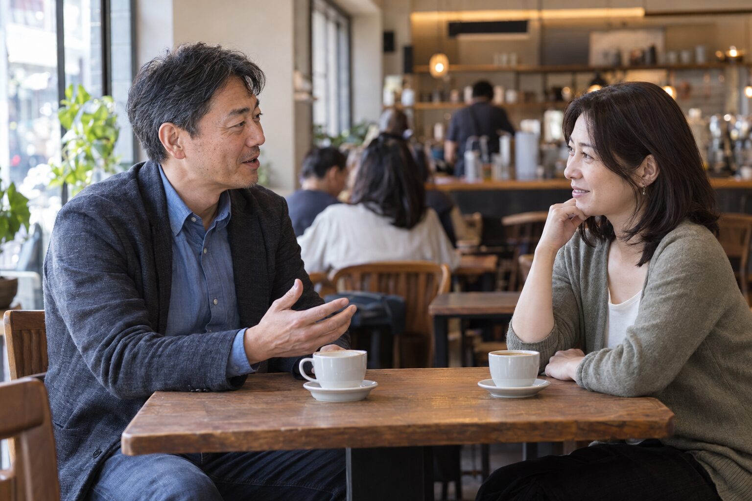 明るいカフェで落ち着いて会話する40代の男女のイメージ