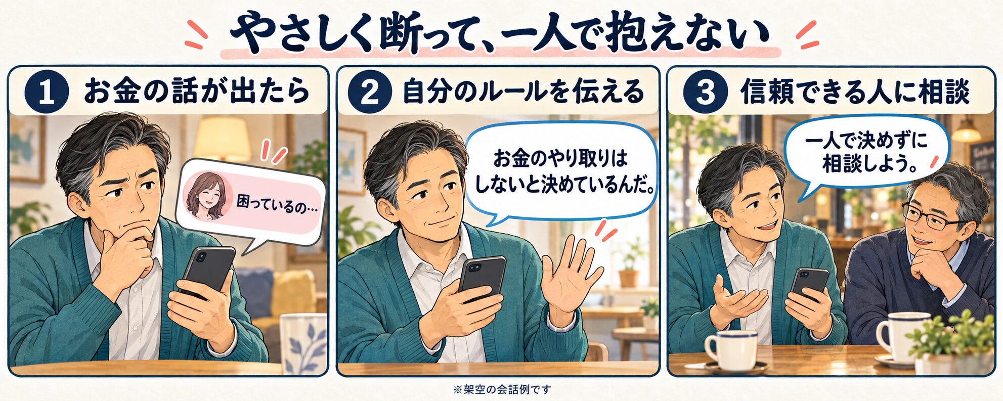 やさしく断って、一人で抱えない。お金の話が出たら、自分のルールを伝え、信頼できる人に相談する3コマ漫画
